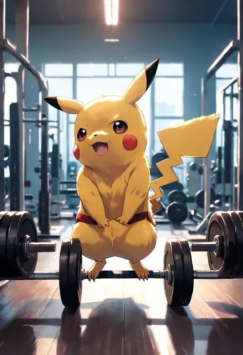 "Pikachu passionately lifting weights and pushing its limits during an intense gym workout session."