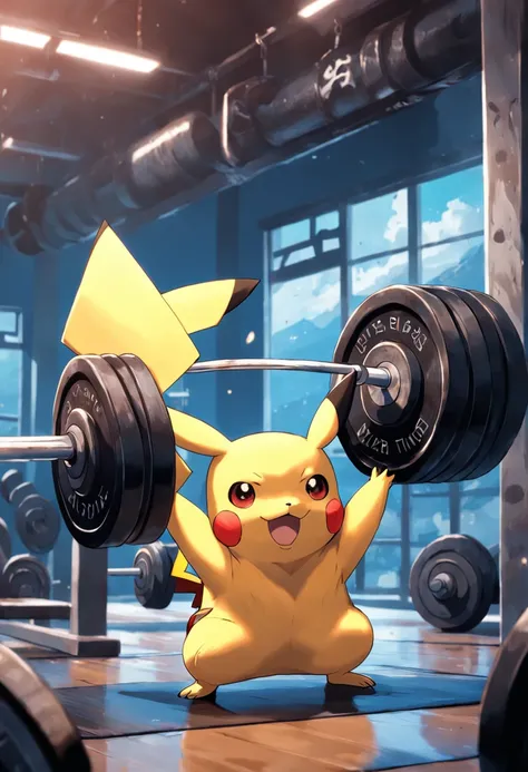 "Pikachu passionately lifting weights and pushing its limits during an intense gym workout session."