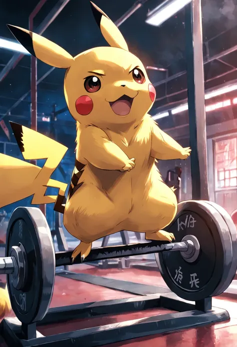 "Pikachu passionately lifting weights and pushing its limits during an intense gym workout session."