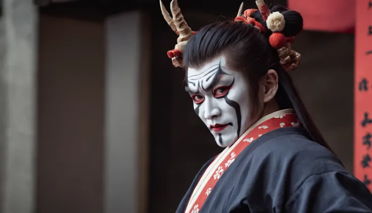 Kabukiza,Kabuki actor,ember,male people,Kime Pose,Long hair,Scary face,The background is the stage,a cool,realisitic,a picture,The whole body is in it,Eyes are not looking at the camera,