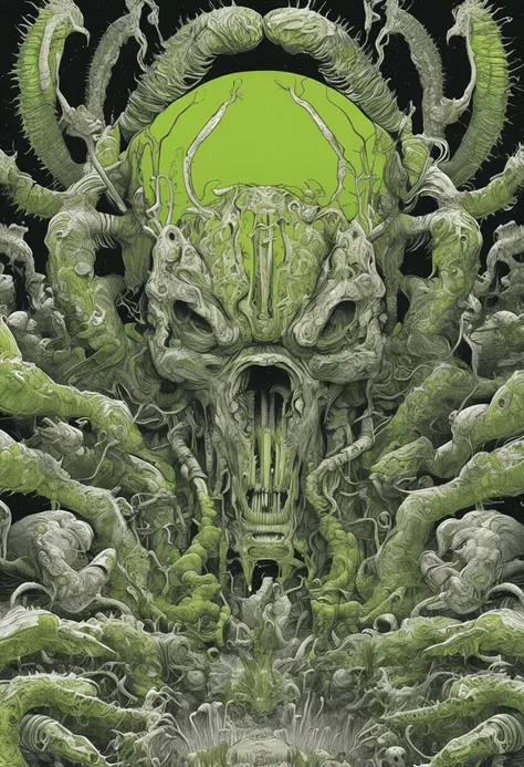 Under the shroud of nuclear contamination, Marine life around the world began to mutate, Transform into a monster form. The entire picture is covered in fluorescent green tones, Symbolizes nuclear radiation. Light shines down from the surface of the water,...