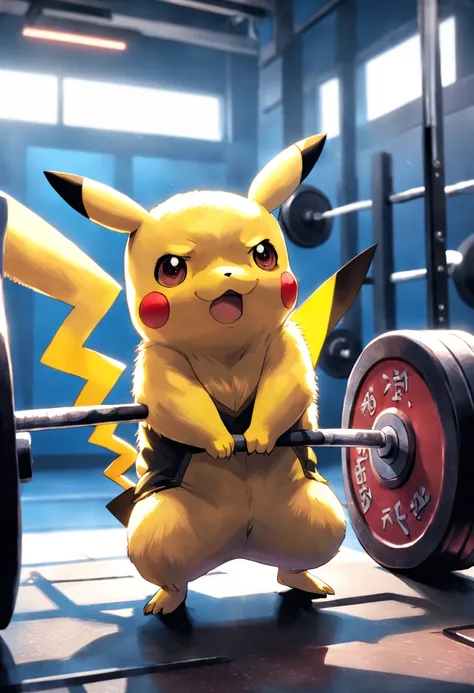 "Pikachu passionately lifting weights and pushing its limits during an intense gym workout session."