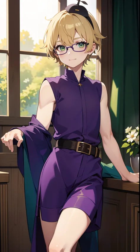 young boy, short blonde hair, Green eyes, Purple robe, Sleeveless, Shorts, pilots glasses on his head, ssmile, Masterpiece, hiquality