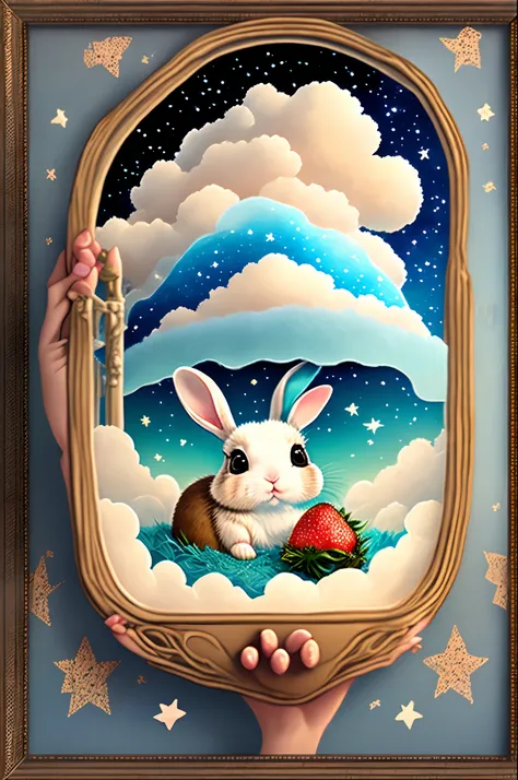 a cute bunny hold a strawberry in a cloud over some stars framed by clouds on a wall, in the style of digital collage, dreamlike scenarios, animated gifs, ethereal dreamscapes, light brown and sky-blue, tarot card, eiichiro oda