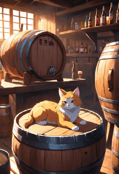 a beer keg made of open wood inside the barrel is a beer cat, the cat is the same color as the liquid, hes drunk, The barrel is on top of a bar table