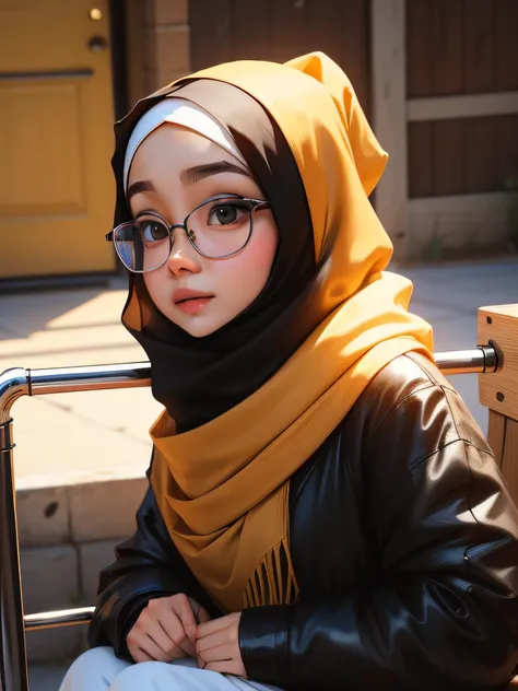 there is a girl wearing a hijab sitting on a ladder, with square glasses, big eyes, cute face, beauty girl, close up, with glasses, captured, dilraba dilmurat, with glasses on, inspired by Nazmi Ziya Guran, spectacled, wearing small round glasses, wearing ...