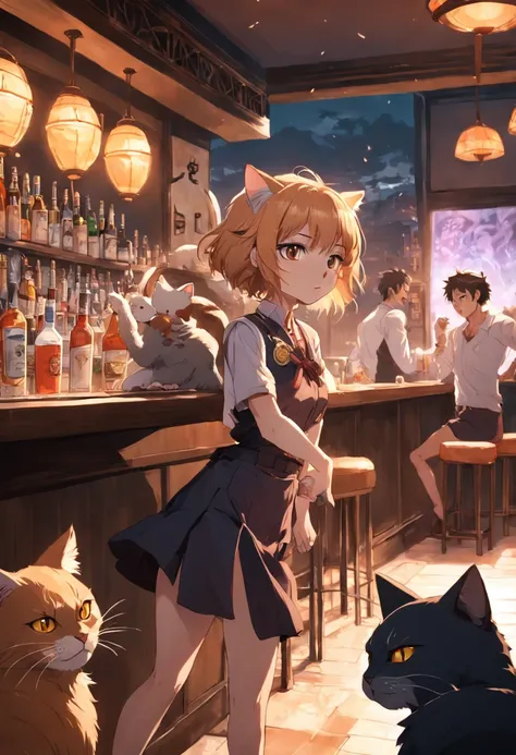 A feline bartender comes up from the bars service desk, In the pack in front of her a cat waiting for the drink in the background of her are fighting while the gang plays