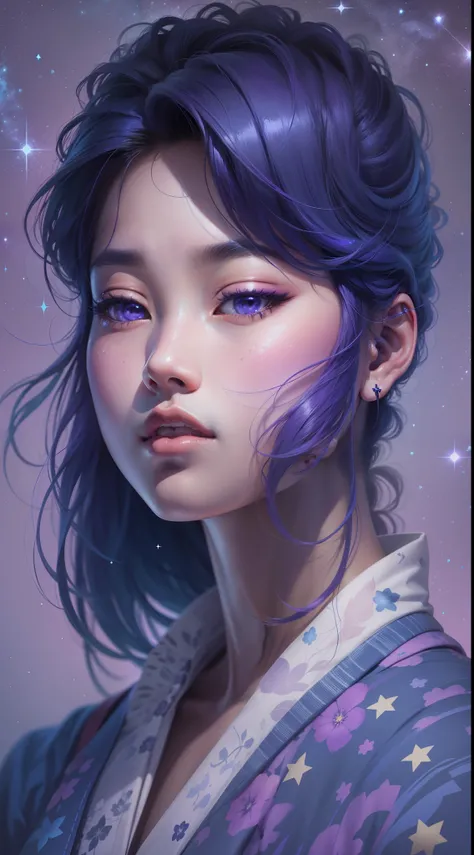 "Realistic half-face portrait of a Korean girl with a purple and blue color palette, featuring a stroke style and muted colors. Background includes the cosmos and stars."