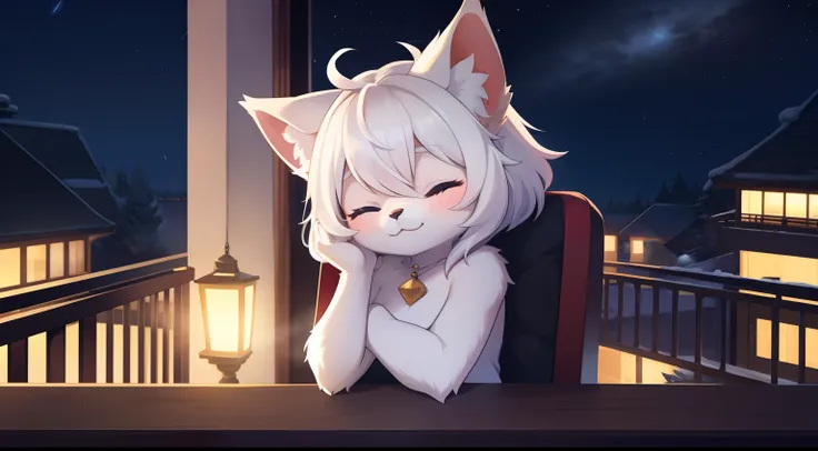 Furry mascot，Lovely image，A black cat，ember， Cute little animals fluffy，Furry Fur，Cute little animals，Fluffy tail，White hair，Sitting alone on the balcony，Reclining in a chair，View from the balcony，full of lights，Cubs，is in night，nigh sky, stars，Close-up of...