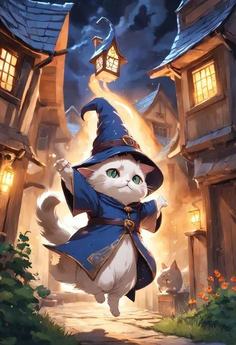 A Munchkin cat in a wizards outfit conjuring a powerful spell on top of a house in a small medieval village