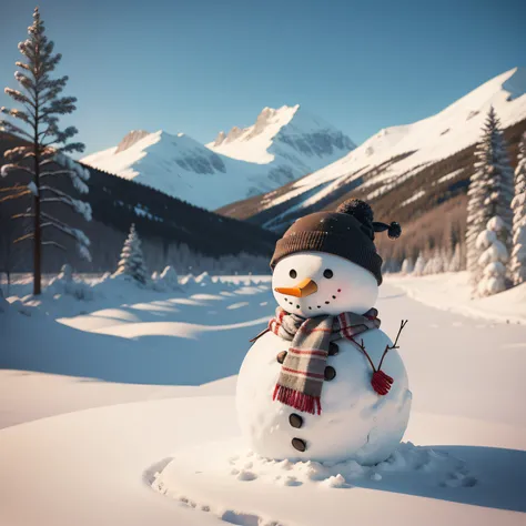 View of snowman with winter landscape and snow