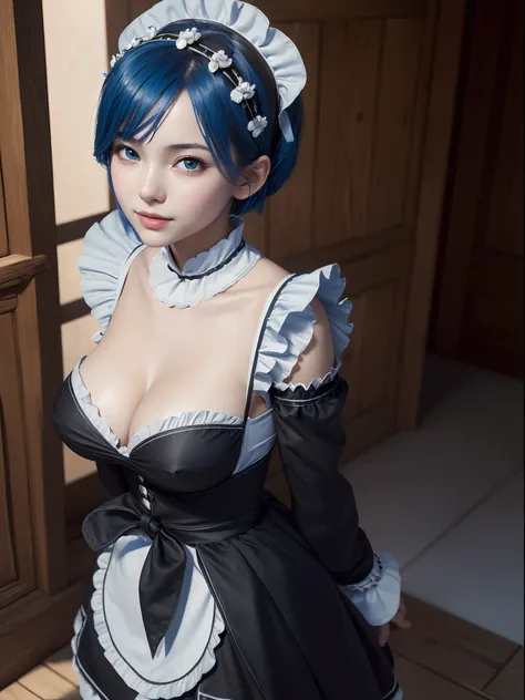 (masterpiece, best quality:1.4), (standing:1.4), (full body:1.2), on a beautifull and rich mansion, 1girl, solo, rem_re_zero, blue hair, (blue hair:0.5), short hair, maid uniform, (black maid uniform:1.5), hair ornament, cleavage, maid headdress, detached ...