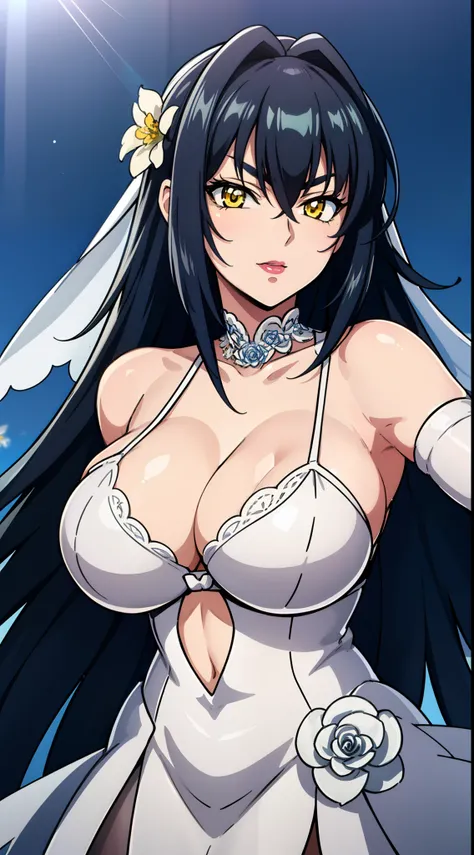 a blue background with stars and snowflakes,
Standing at attention,
wedding dress, yellow and white dress with flowers, cleavage cutout, cleavage ,white_flower,elbow_gloves, flower, gloves,blue_ribbon, blue_rose,
bridal veil, bride,White_lace_pantyhose,
...