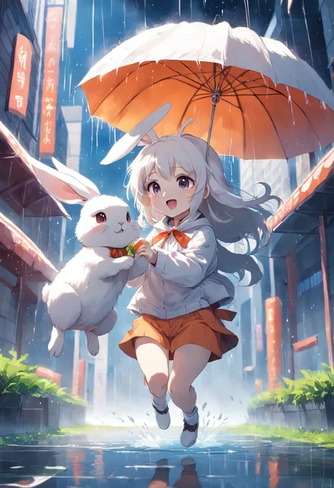 a cute white rabbit holds a big carrot and jumps over a rainbowl