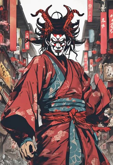 Kabukiza,Kabuki actor,ember,male people,Kime Pose,Long hair,Scary face,The background is the stage,a cool,realisitic,a picture,The whole body is in it,Eyes are not looking at the camera,full bodyesbian,