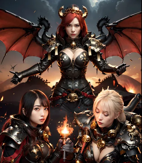 (masutepiece), Professional , ​masterpiece、top-quality、photos realistic , depth of fields （Gemstone Black Metal Body:1.９),(Matte Black、（cleavage of the breast）、Dragon Gold Weapon（Dragon Metal Body:1.４),Gorgeous Silver Weapons ,（（ Dragons dense and gorgeous...