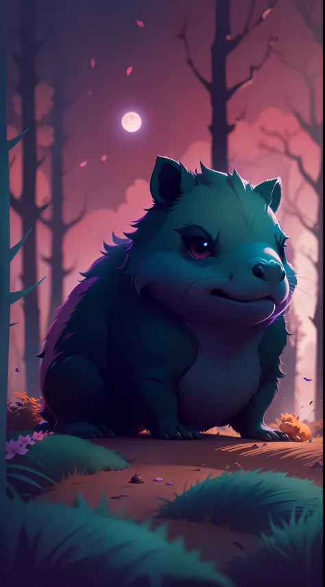 Create a vibrant dark fantasy cute ninja capybara in a clean-lined minimalistic cartoon style, in the background a beautiful forest and a bright purple moon, octane render, 8k