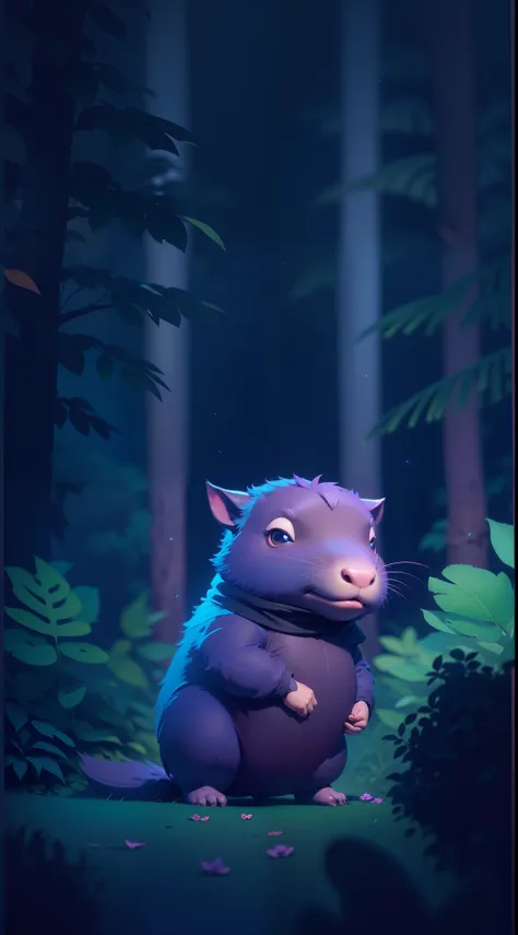 Create a vibrant dark fantasy cute ninja capybara in a clean-lined minimalistic cartoon style, in the background a beautiful forest and a bright purple moon, octane render, 8k