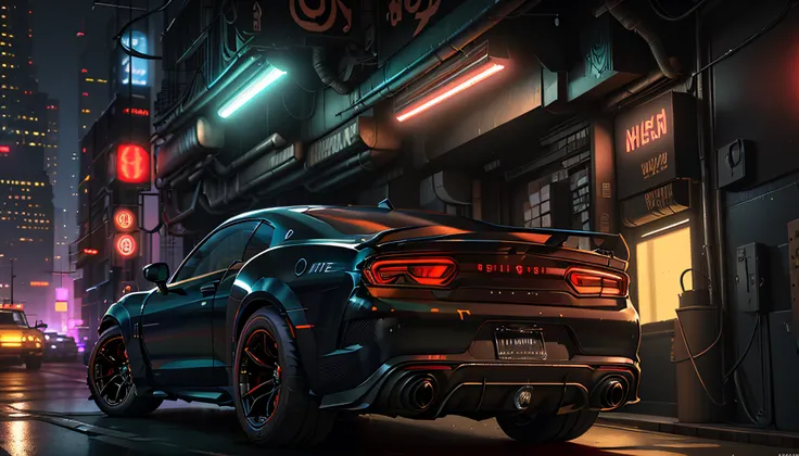 photorealistic, ,best quality,masterpiece,highly detailed,ultra-detailed,a futuristic black dodge hellcat car with red highlights in a cyberpunk city. 4k 3d render unreal engine 5 rendered with blender and octane global illumination from photorealistic hyp...