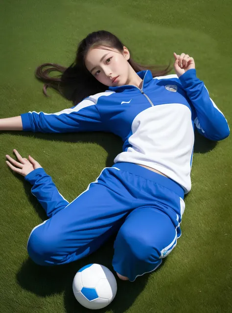 1 very beautiful female middle school student，wear blue and white tracksuits，lying on the football field and playing with the ba...