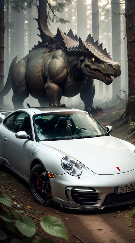 A wheelless Porsche all dismantled lost years ago in the woods with dinosaurs around and,m HDR ultra realistic