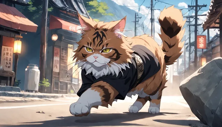 A Maine Coon cat is wearing a black belt karate outfit is in Kuma no Kamai on a road and towards him is coming running a giant stone golem