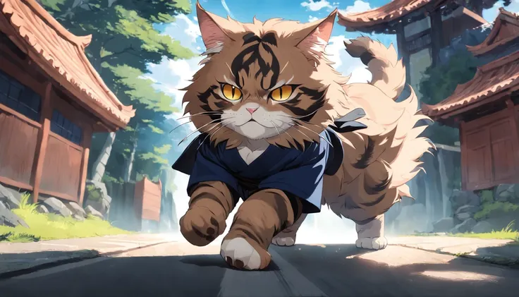 A Maine Coon cat is wearing a black belt karate outfit is in Kuma no Kamai on a road and towards him is coming running a giant stone golem