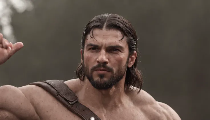 (Professional 3D rendering:1.3) de (Realistic:1.3) Foto de arte mais bonita do mundo，Features soft, bright male heroes, ((Epic hero fantasy rough muscular man wet hero angry look long hair short beard and fierce expression in dynamic pose, fantastic locati...