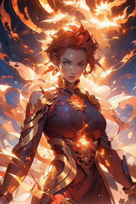 (((Fire Phoenix)))，Chinese Phoenix，(((Behind it is a huge fire phoenix)))，A woman of outstanding figure，Wear a nice miniskirt，Leaking out of both shoulders，jewely，Amazing work，Vitreous luster,clean backdrop，High gloss，blue colors，In pink，cyan colors，red co...