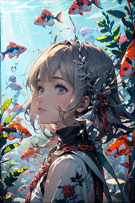 (Koi+1.2+aquariums)+(Kizi+1.3+Anime emoticons)+(Beautiful+1.1+gentleness+1.1+dream colors+1.2+Soft light and shadow+1.2+summery vibe)+(detail-rich+1.2+Exquisite painting+1.2+water ripple+1.1+sunset backdrop+1.1)