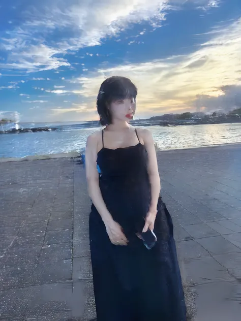 There is a woman standing on the sidewalk by the water, with sunset, chiho, with a sunset, tube-top dress, taken with canon 8 0 d, 🪔 🎨;🌞🌄, harumi, 奈良美智, taken with a canon eos 5 d, In the sunset, けもの