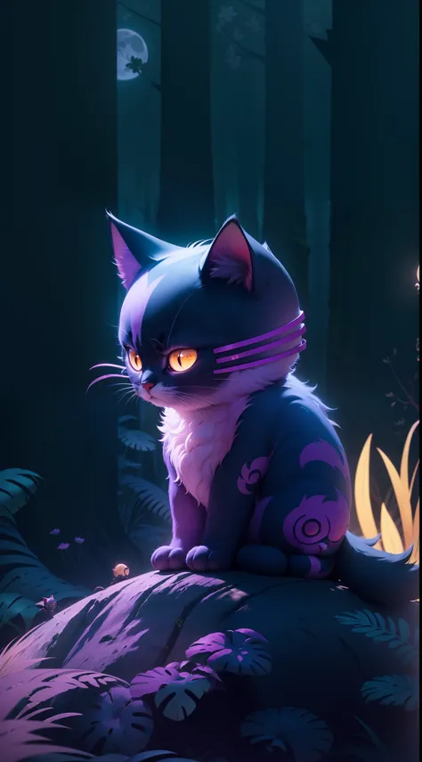 Create a vibrant dark fantasy cute ninja cat in a clean-lined minimalistic cartoon style, in the background a beautiful forest and a bright purple moon, octane render, 8k