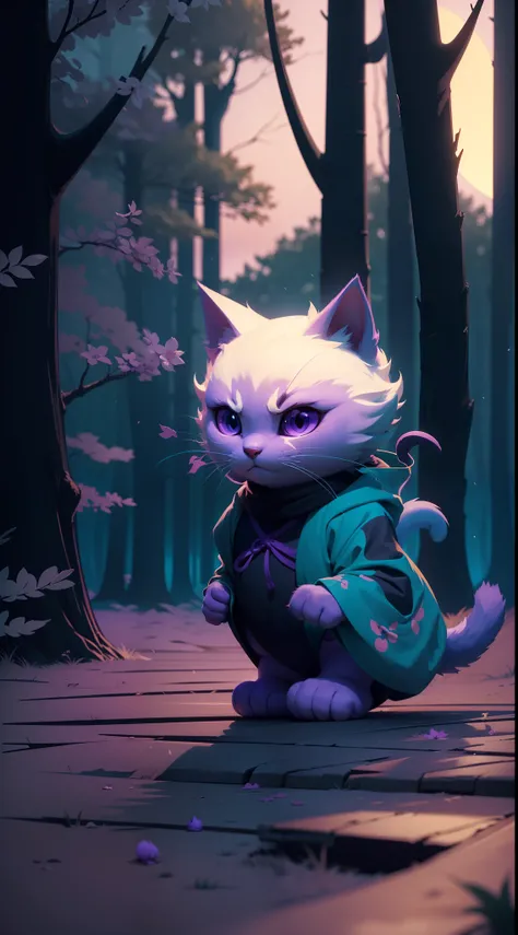 Create a vibrant dark fantasy cute ninja cat in a clean-lined minimalistic cartoon style, in the background a beautiful forest and a bright purple moon, octane render, 8k