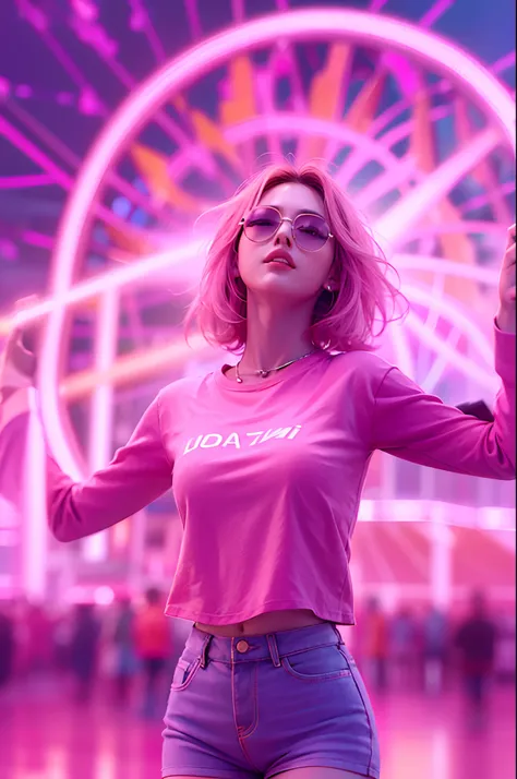 1girl in, Super beautiful girl, Dream Girl, Wearing pink, ulzzangs, Dancing, Concert in amusement park in the background, Lightning in the sky, Ultra Details, A hyper-realistic, Cinematic , Octane Render, 16 K