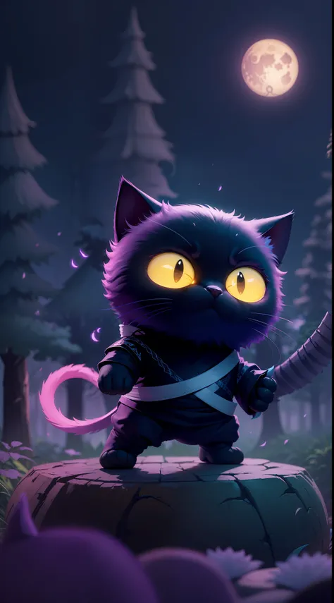 Create a vibrant dark fantasy cute ninja cat in a clean-lined minimalistic cartoon style, in the background a beautiful forest and a bright purple moon, octane render, 8k