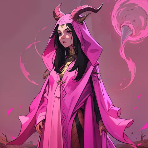 A beautiful pink-skinned woman pink as a pink-skinned devil with long black hair that goes all the way to the ground Make her like a sorceress in a setting filled with magic and mystery A character for medieval RPG she must be wearing medieval robes coveri...