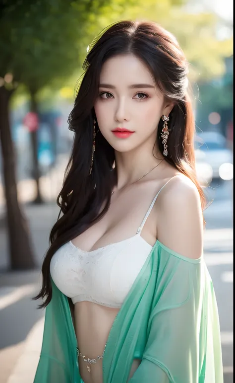 ((Best Quality, 8k, Masterpiece: 1.3)), Focus: 1.2, Perfect Body Beauty: 1.4, Buttocks: 1.2, ((Layered Haircut)), (Wet Clothes: 1.1), (Rain, Street:1.3), (Breasts: 1.2), (Hanfu: 1.2), Bare Shoulders, Bare Legs, Highly Detailed Face and Skin Texture, Fine E...