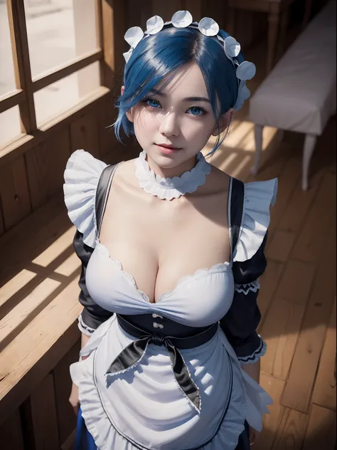 (masterpiece, best quality:1.4), (standing:1.4), (full body:1), on a beautifull and rich mansion, 1girl, solo, rem_re_zero, blue hair, (blue hair:0.5), short hair, maid uniform, (black maid uniform:1.5), hair ornament, cleavage, maid headdress, detached sl...