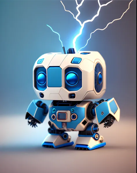 Cute z-shaped white and blue color robot, background in blue and white, with lightning around the robot, photorealistic, 3d character realistic, 8k portrait render, hyper realistic style