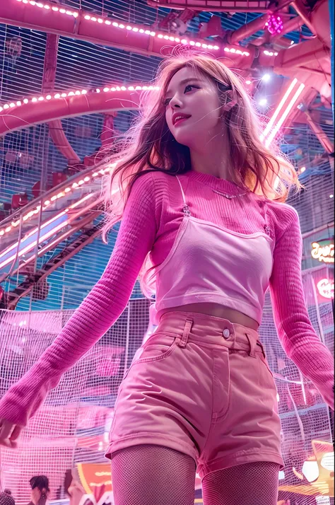 1girl in, Super beautiful girl, Dream Girl, Wearing pink, ulzzangs, Dancing, Concert in amusement park in the background, Lightning in the sky, Ultra Details, A hyper-realistic, Cinematic , Octane Render, 16 K