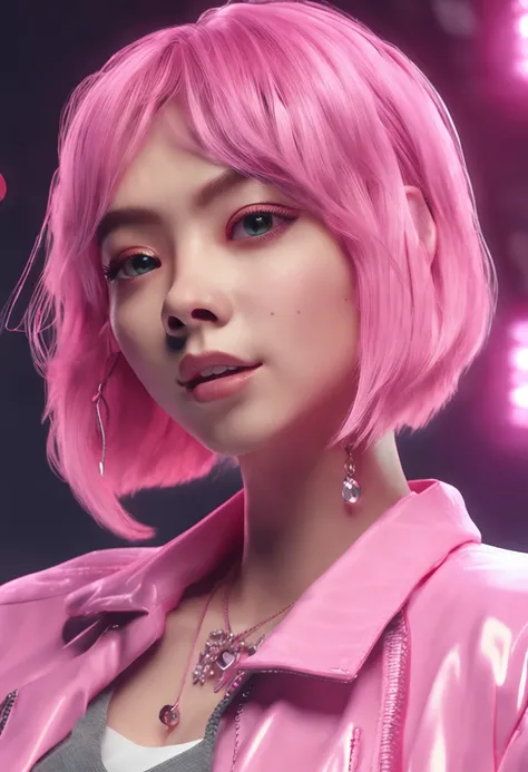 ​masterpiece, top-quality, illustratio, Pink Hair, short-hair、singers、microphone、Platinum Earrings, Platinum Necklace, parka, 1girl, cute little, (Dynamic lighting:1.2), lighting like a movie, delicated facial features, A detailed eye, Sharp pupils, Realis...