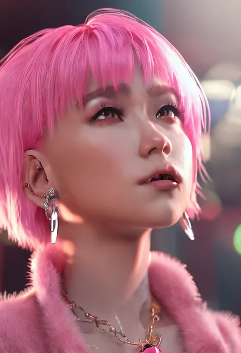 ​masterpiece, top-quality, illustratio, Pink Hair, short-hair、singers、microphone、Platinum Earrings, Platinum Necklace, parka, 1girl, cute little, (Dynamic lighting:1.2), lighting like a movie, delicated facial features, A detailed eye, Sharp pupils, Realis...