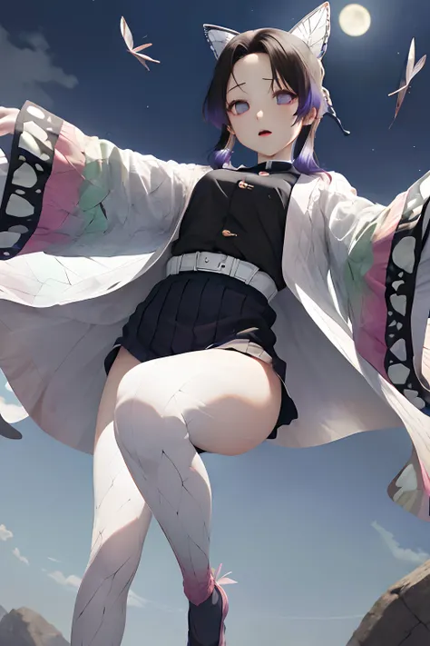 ​masterpiece, top-quality, Hi-Res, 1girl in, 独奏, kochou shinobu, butterfly hair ornament, a purple eye, O cabelo multicolorido, shorth hair, partedbangs, Black skirt, Skirt blown by the wind，Black jacket, long-sleeve, a belt　are flying，Fly in the night sky...