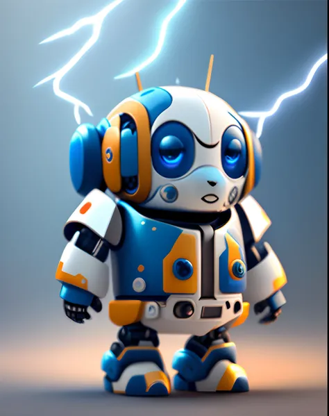 Cute z-shaped white and blue color robot with dog features, background in blue and white, with lightning around the robot, photorealistic, 3d character realistic, 8k portrait render, hyper realistic style