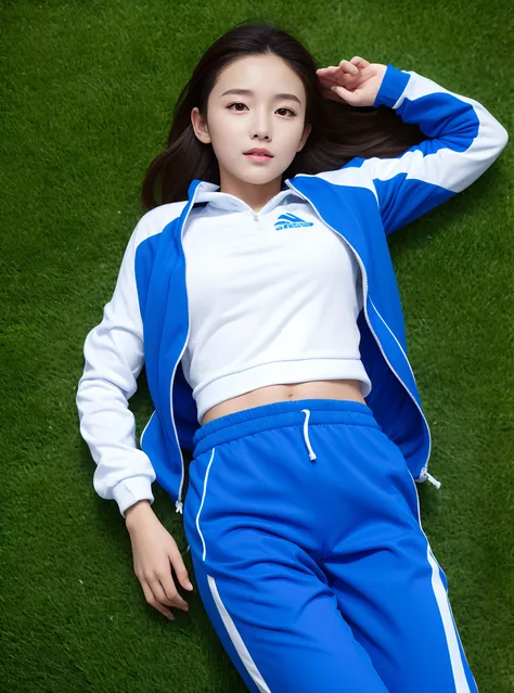 1 very beautiful female middle school student，Wear blue and white tracksuits，Lying on the football field and playing with the ball，（Lie on the grass:1.2），Super high value，perfect body figure，beautiful hairl，Delicate hair，Fair face and skin，Beads of sweat h...