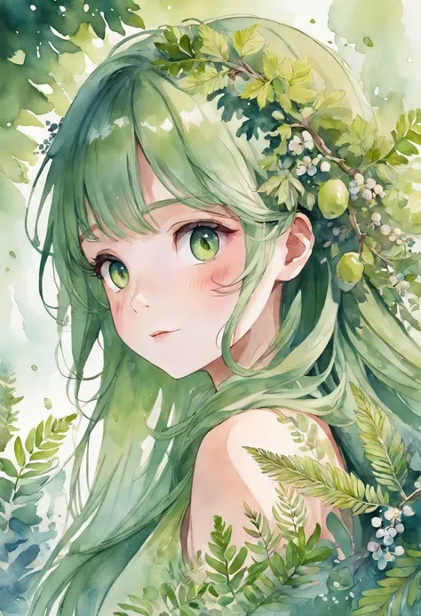 ((ultra - detailed),#3b4195 background,beautiful  flowers,berries,fern,Foliage,Watercolor pattern in calm colors),(Watercolor texture), ((1girll),（Green dates），（The tree），Cute and lively girl image，aquarelle:1.2),sportrait, Foliage, By bangs, long whitr ha...