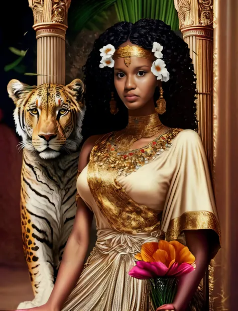 um close up de uma mulher em um vestido com um tigre, Princesa africana deslumbrante, Princesa Africana, Rainha africana, Princesa negra africana, pele escura deusa feminina do amor, epic 3 d oshun, Deusa Rainha, gorgeous goddess of leo, Rainha da Selva, E...