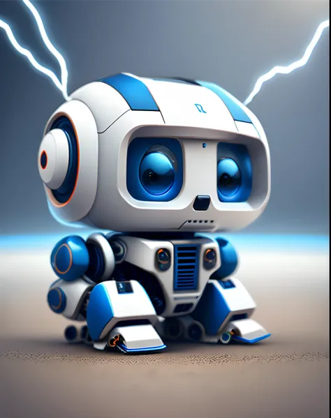 Cute z-shaped white and blue color robot looking straight into the camera with puppy eyes, background in blue and white, with lightning around the robot, photorealistic, 3d character realistic, 8k portrait render, hyper realistic style