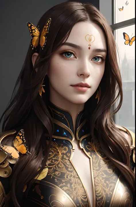 8k portrait of beautiful cyborg with brown hair, intricate, elegant, highly detailed, majestic, digital photography, art by artgerm and ruan jia and greg rutkowski surreal painting gold butterfly filigree, broken glass, (masterpiece, sidelighting, finely d...