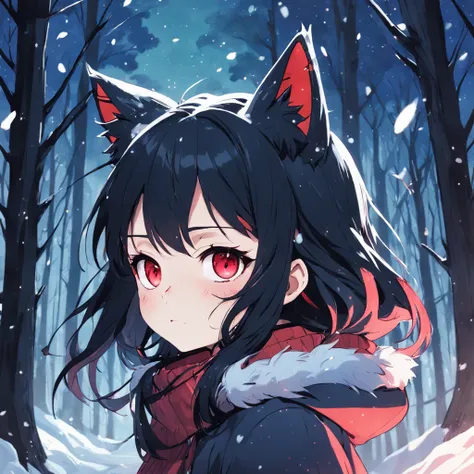 In the winter forest, snowflakes falling, A cat-eared girl with jet-black hair, Red eyes,